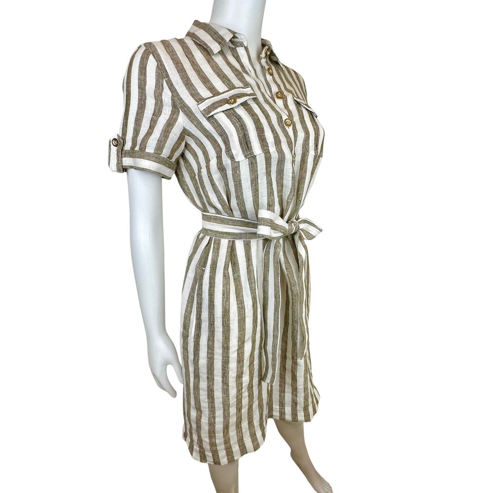 Talbots Linen Utility Shirt Dress Lawn Stripe Belted Khaki White Size 2P Petite - Picture 10 of 11